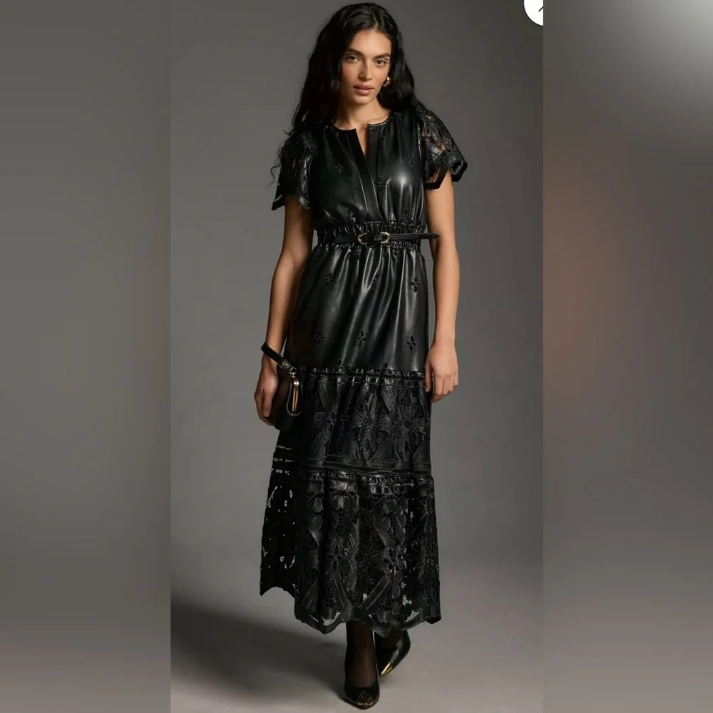 ANTHROPOLOGIE Women’s The Somerset Maxi Dress Faux Leather Embroidered Edition M - Picture 1 of 15